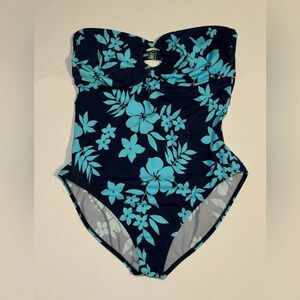 🌻LEILANI Strapless Blue Tropical Floral Print OnePiece Swimsuit Women's size 12